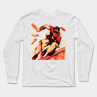 Masked Superhero Force Action Jump Breaking Glass Window Door Le Causeur Redoutable Trio Retro Comic Vintage Old Cartoon Long Sleeve T-Shirt